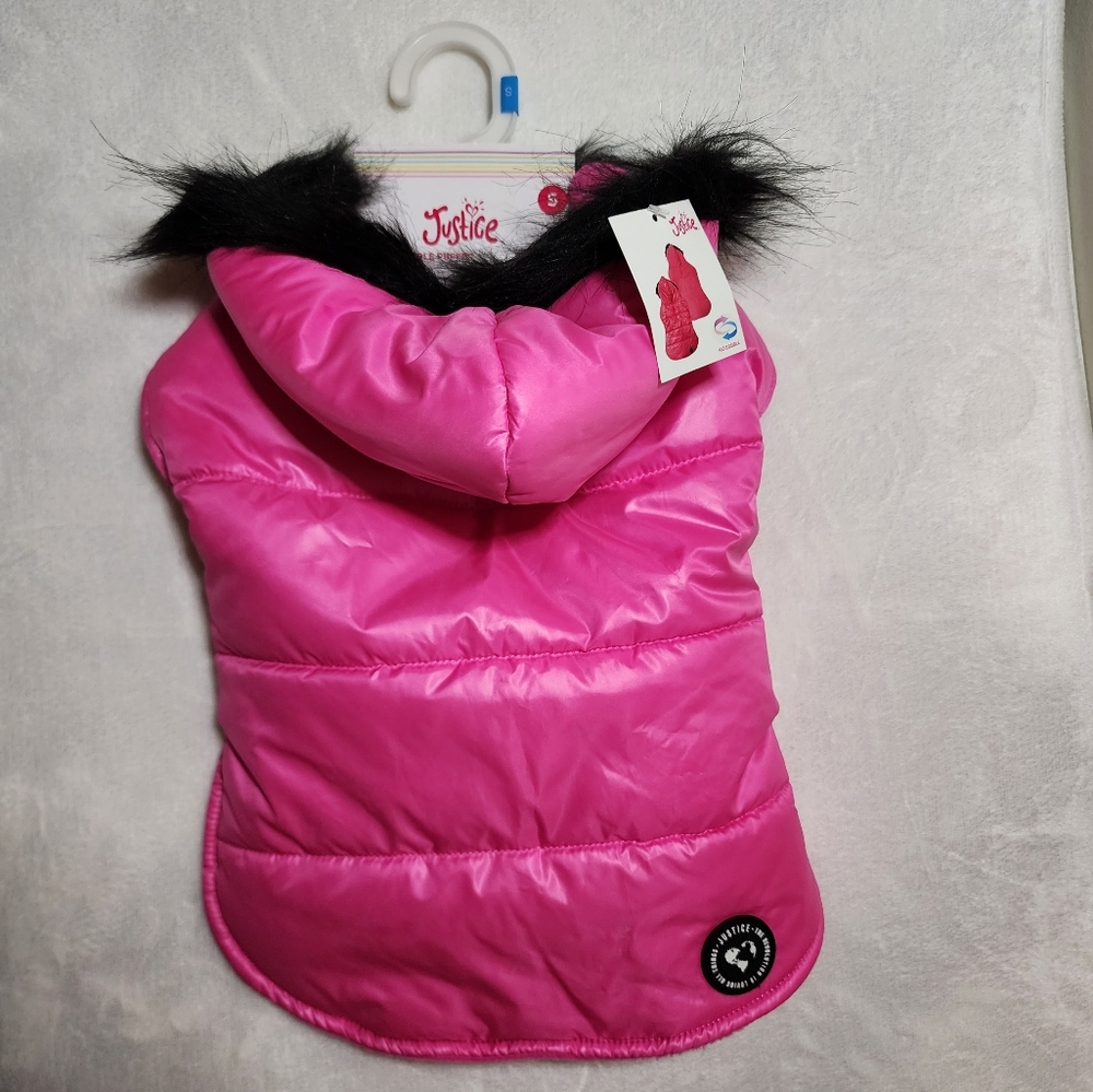 Justice Pet Puffer Jacket Pink with Hood Reversible Dog Coat Size Small NWT